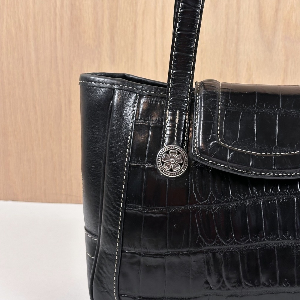 Brighton Black Leather Croc Embossed Shoulder Bag Heart Charm Tote Purse - Picture 3 of 16